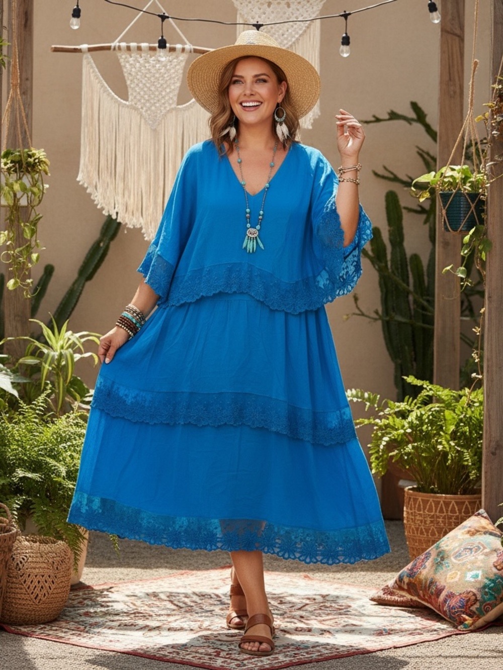 Roaman's Bright Blue Lace-Trim V-Neck Maxi Coverup